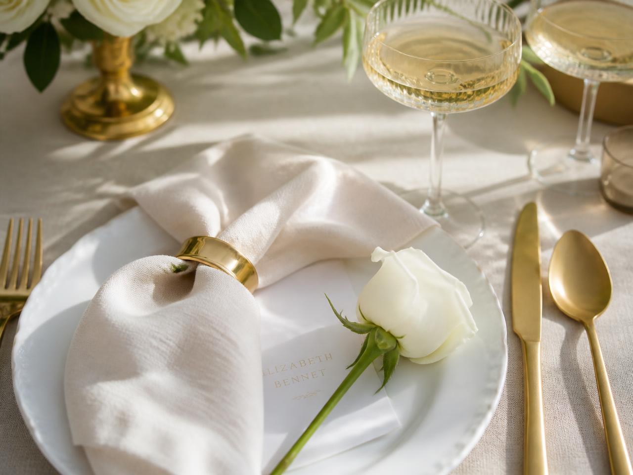 Detalhe de mesa posta com taças e rosa branca